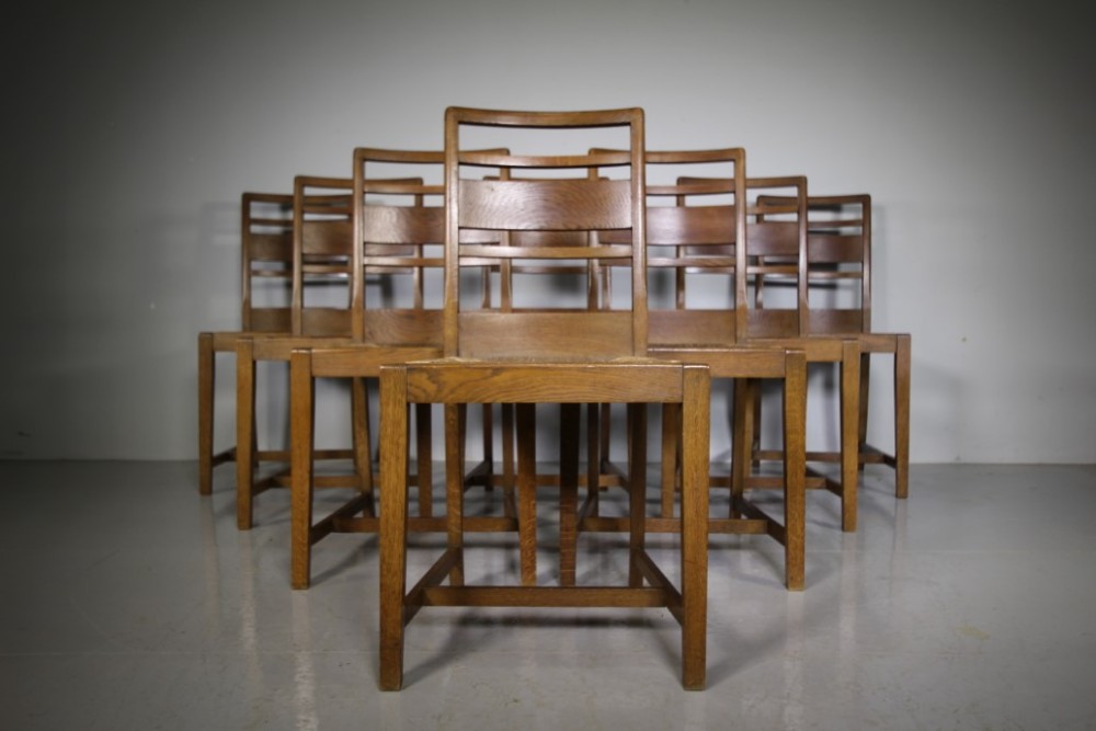 Rare Set of Eight Oak Antique Dining Chairs by Heals