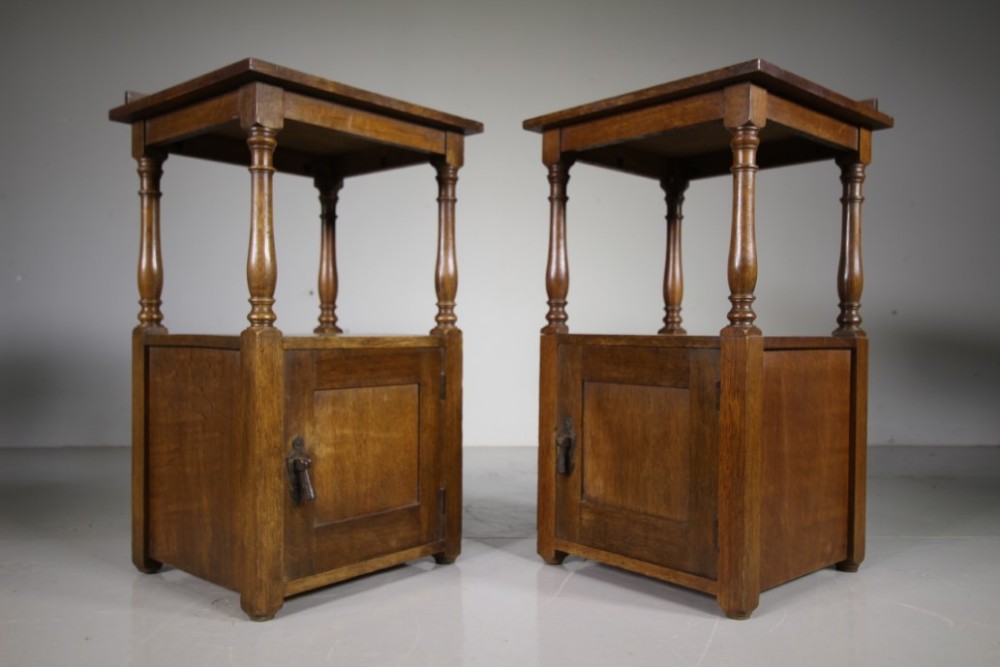 Rare Pair of Heals Antique Oak Newlyn Bedside Cabinets – Stamped