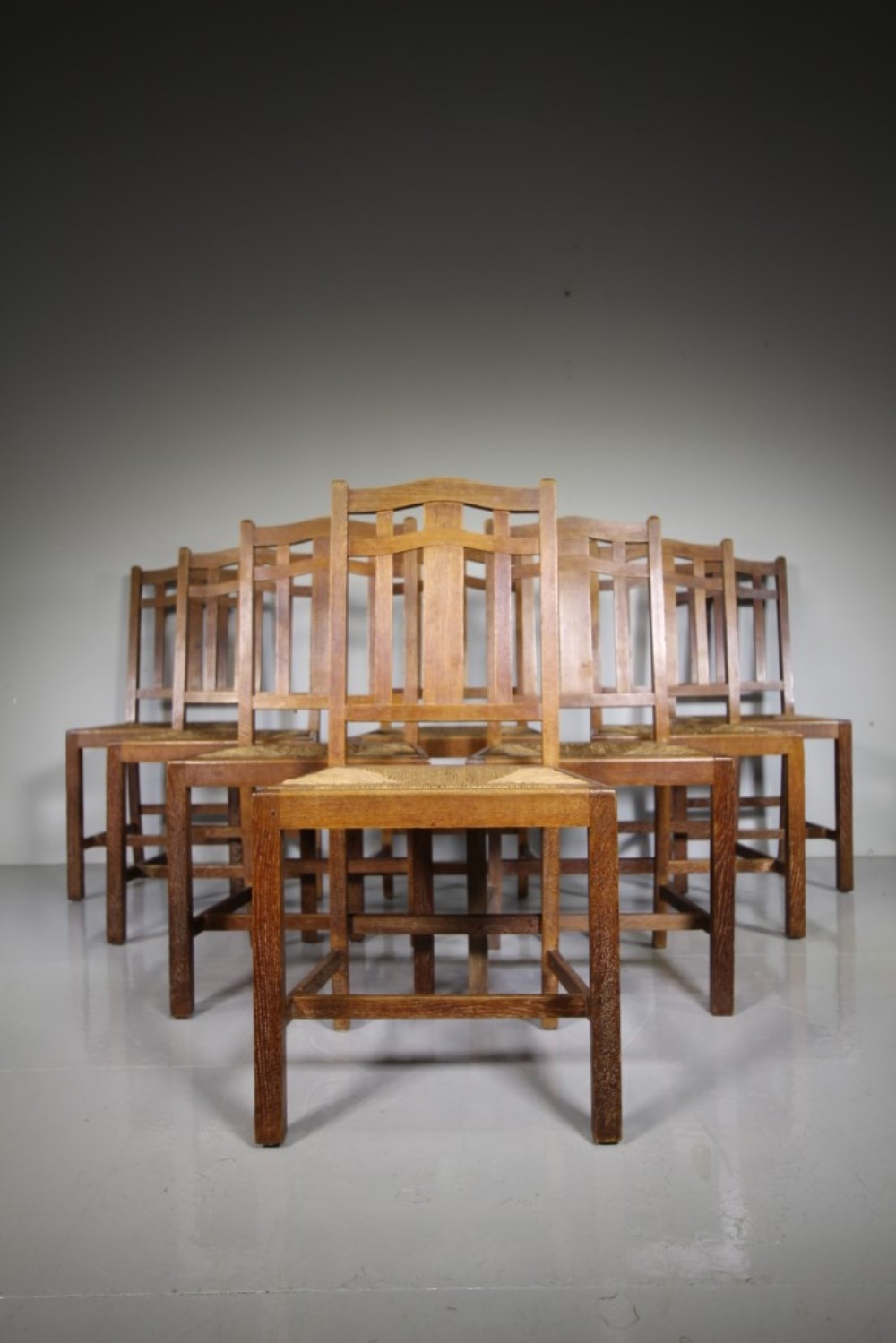 Rare Set of Eight Antique Heals Oak Dining Chairs
