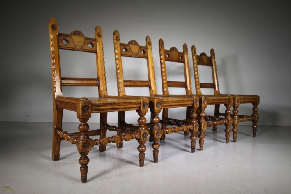 Set of Four English 19th Century Antique Pine Dining Chairs 