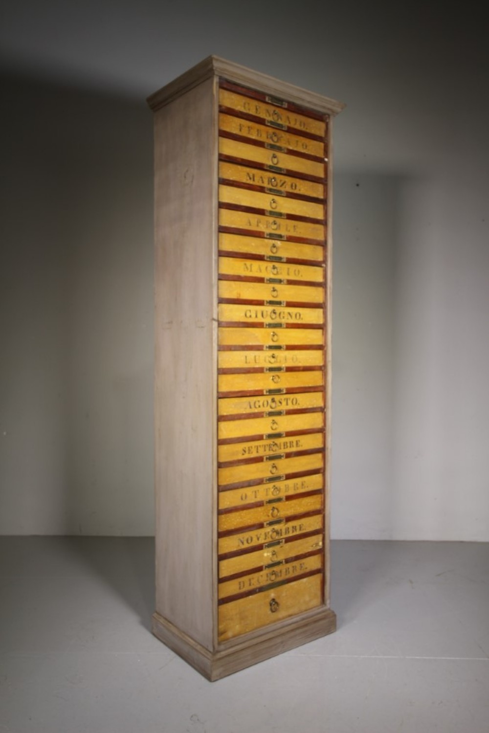 
Italian Tall 19th Century Antique Months Painted Bank of Drawers
