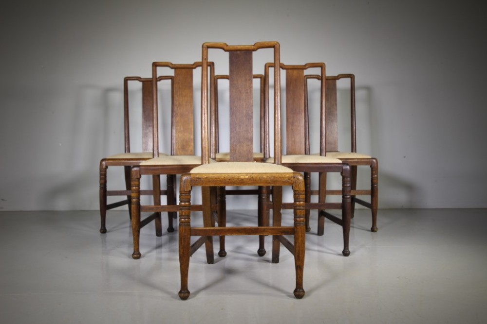 Rare Set of Six William Morris Antique Oak Dining Chairs