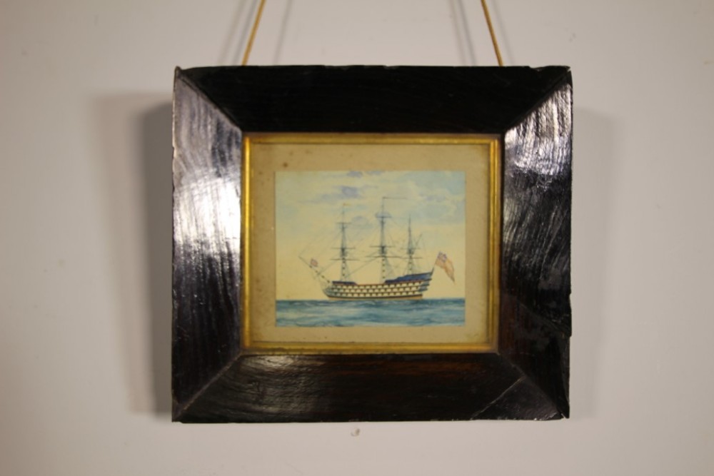 
19th Century Antique Ship Painting in Oak Frame from Shipwreck Timbers