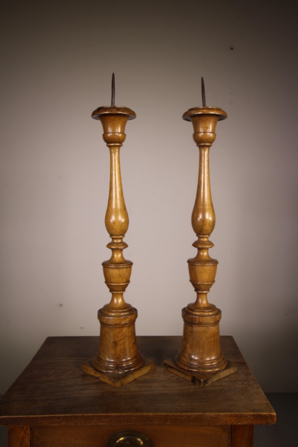 
Tall Pair of Lovely Antique Sycamore Candlesticks