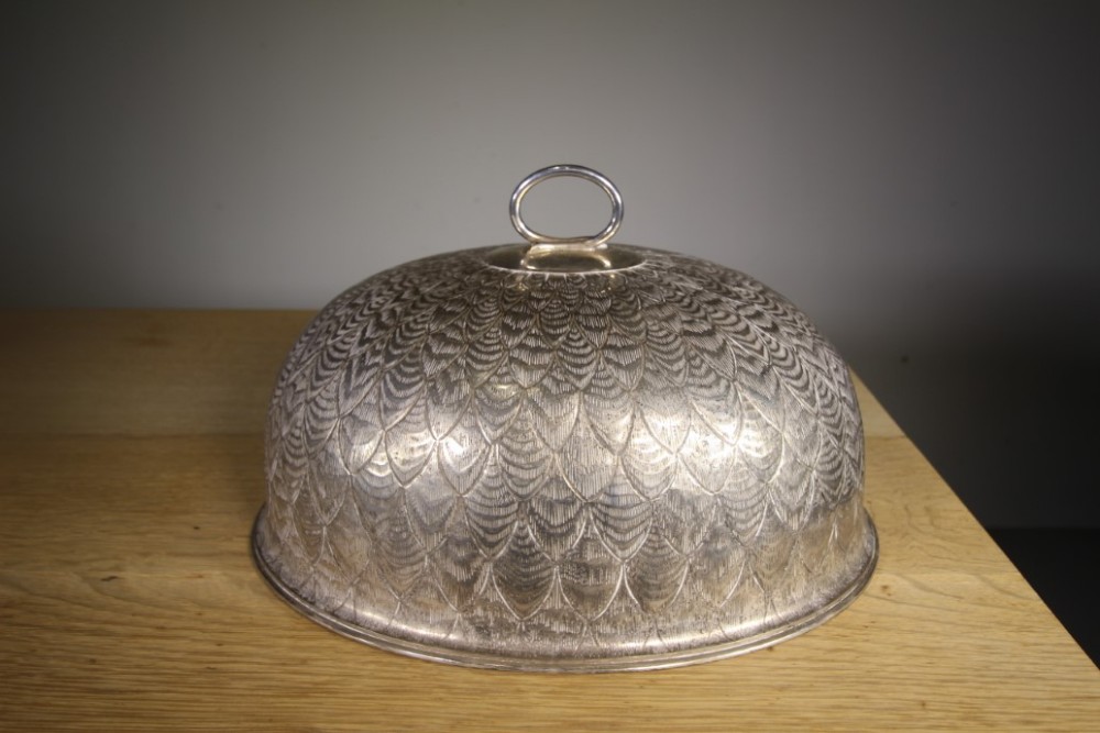 Large Antique Silver Plated Food Cover- rare Feather Design by Mappin & Webb