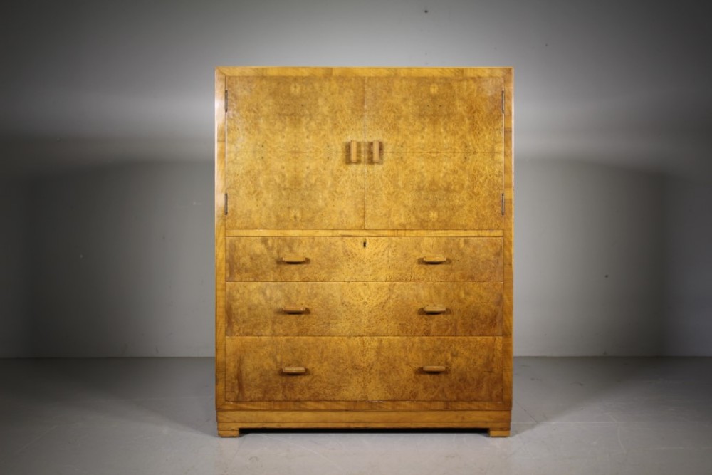 Heals Antique Burr Maple Tall Boy Cupboard