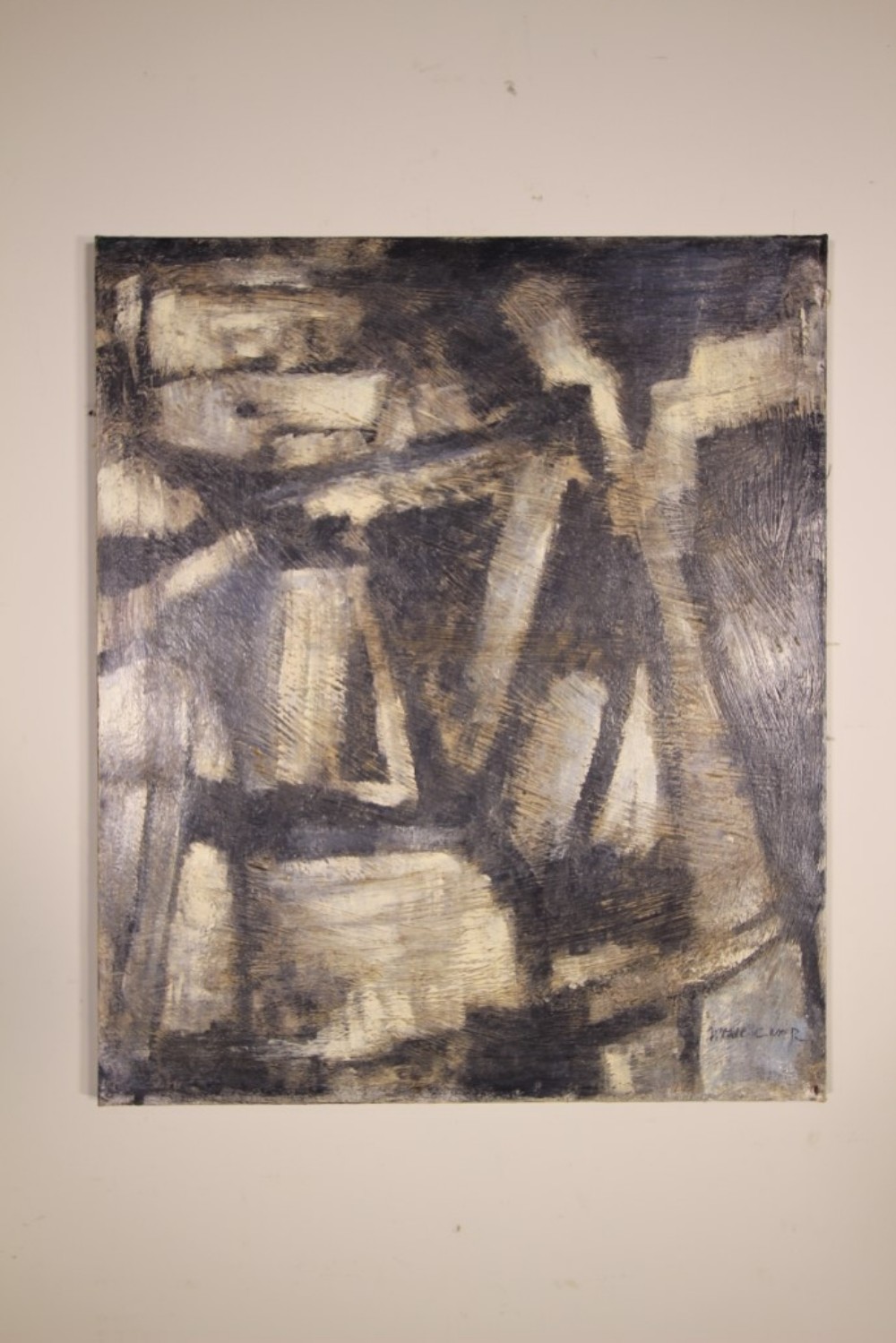 An English 1960s abstract painting on canvas featuring heavy brushstrokes in shades of black, grey, and off-white.