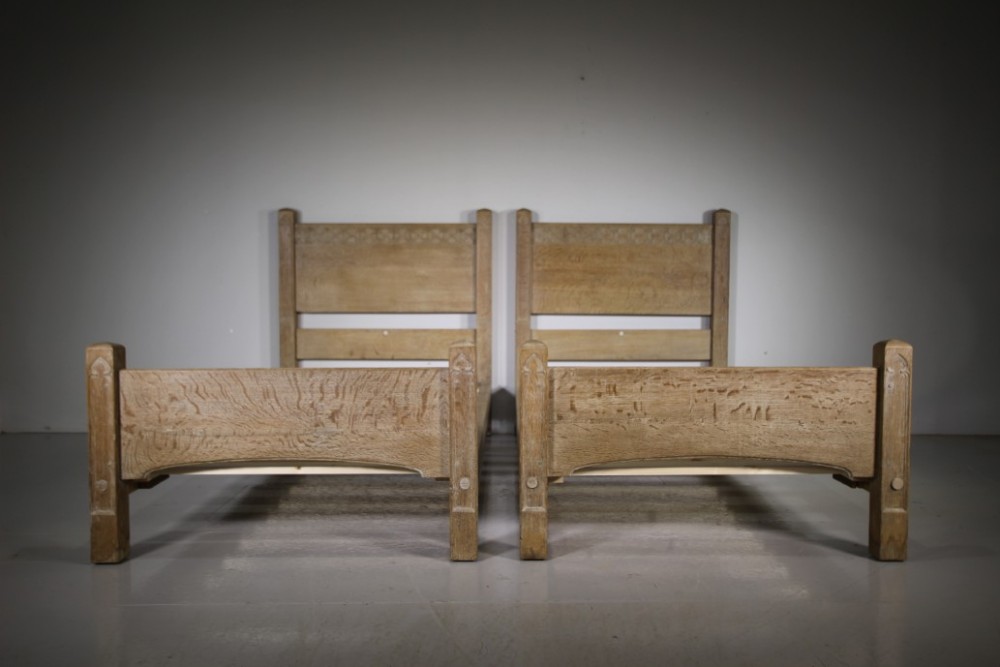 Pair of Heals Antique Gothic Oak Single Beds – Labelled