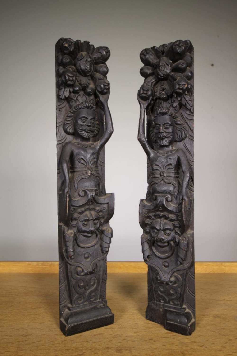 
True Pair of 17th Century Antique Oak Caryatid Carvings