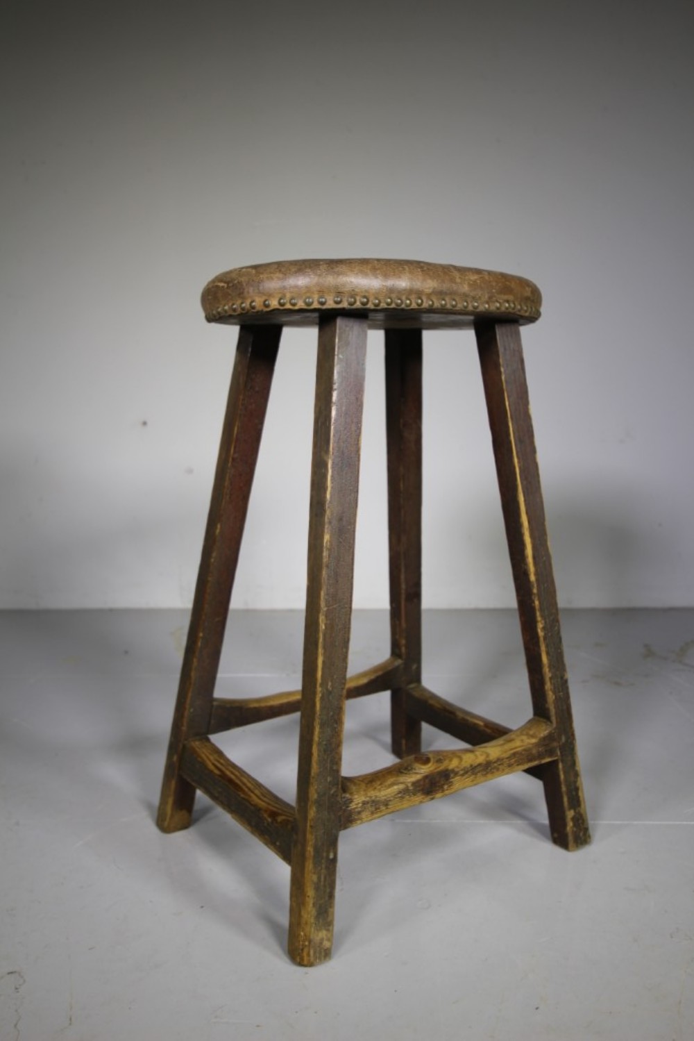 English 19th Century Antique Workman’s Leather Seated Stool 