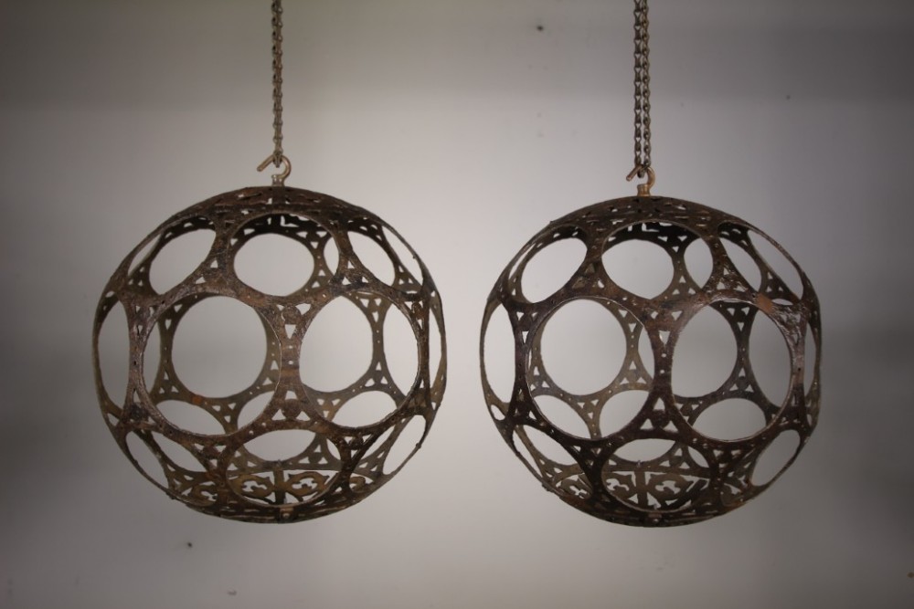 Rare Pair of 19th Century Antique Iron Globe Lanterns
