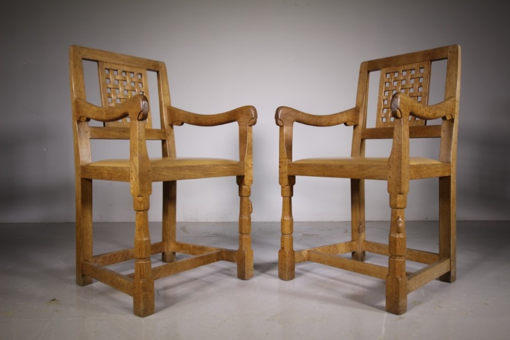 Pair of Mouseman 1950’s Oak Carver Dining Armchairs 
