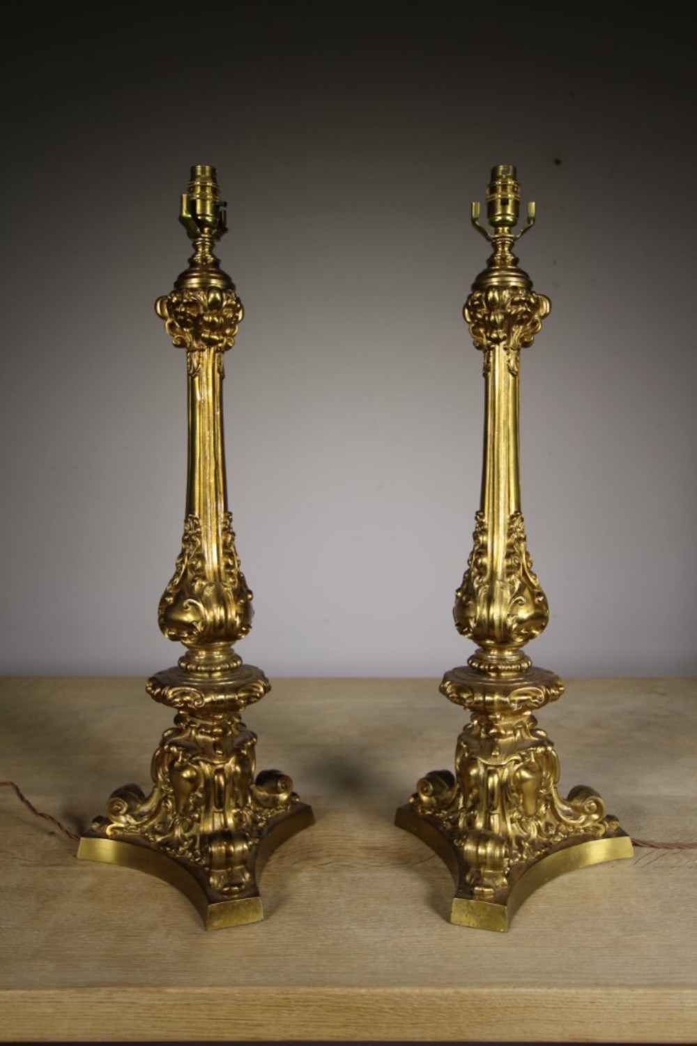 Tall Pair of Ormolu Cast Brass Antique Table Lamps