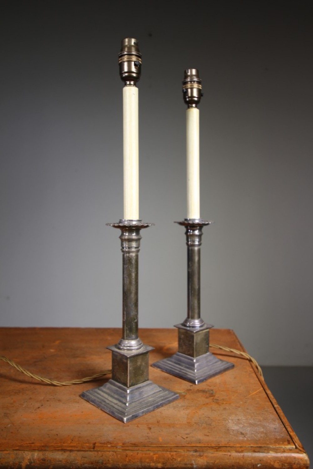 Tall Pair of English Antique Silver Table Lamps