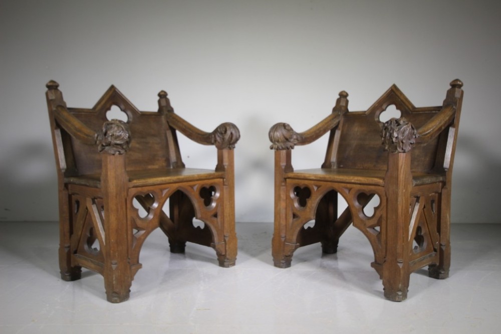 Pair of 19th Century English Oak Antique Gothic Armchairs 