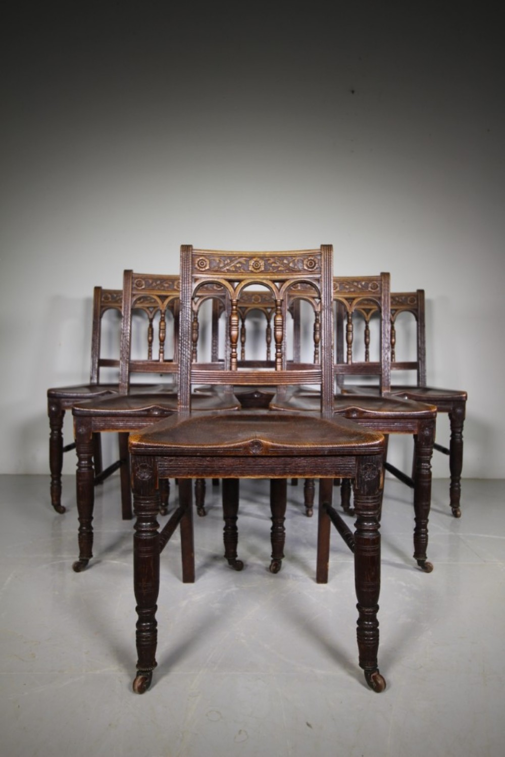 Set of Six Quality English Gothic Oak Dining Chairs
