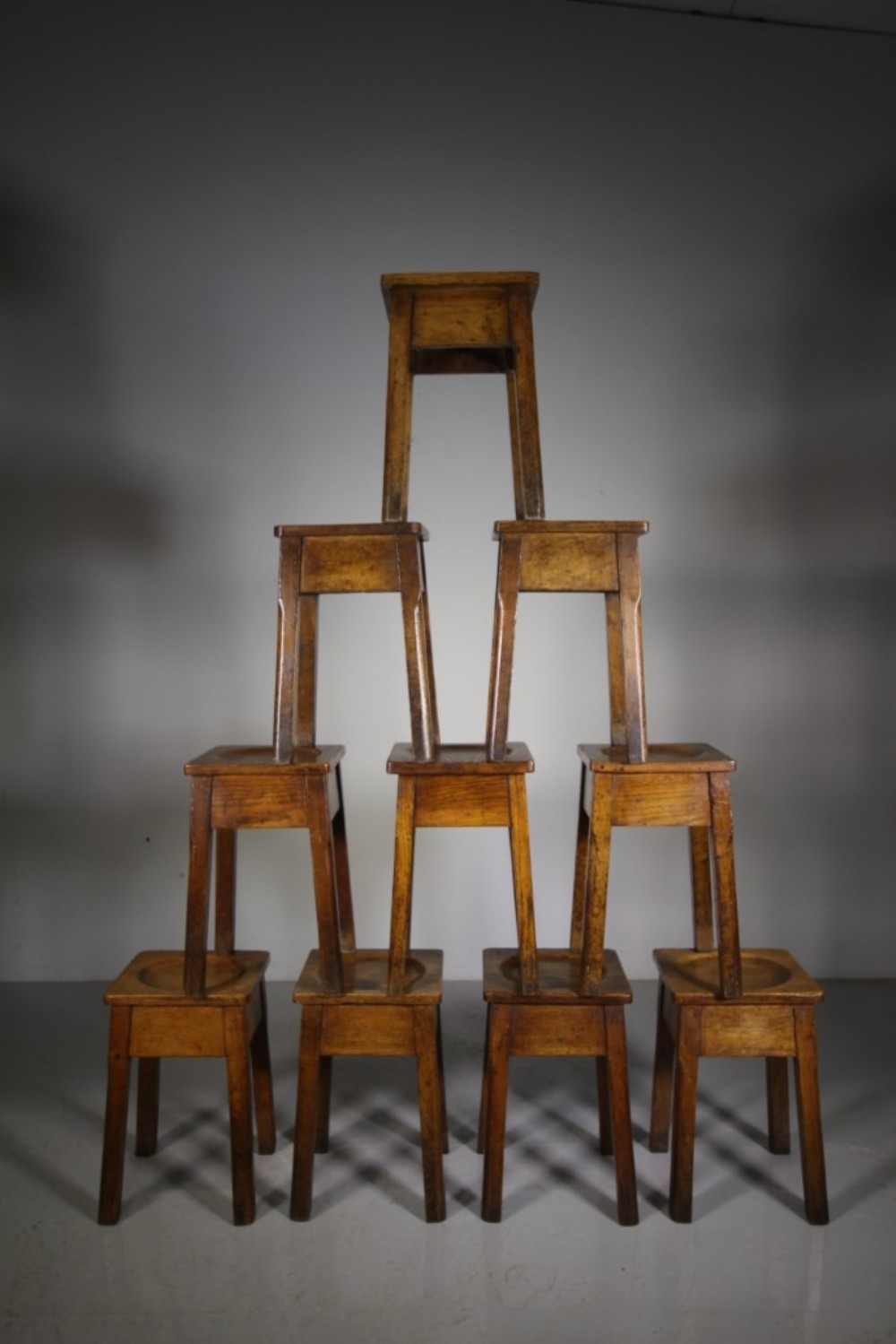 Great Set of Ten English Antique Oak Stools 