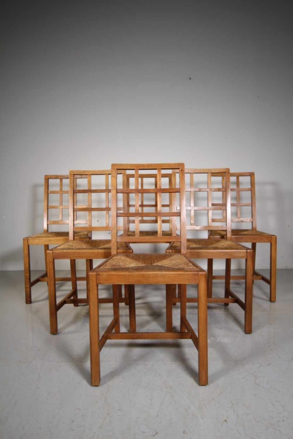 Set of Six Heals Antique Oak Dining Chairs - Lattice Back