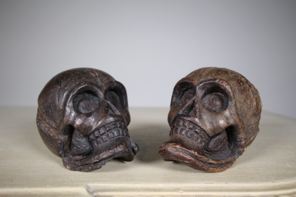 Pair of Antique Treen Momento Mori Carved Skulls 