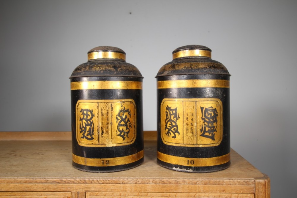 Pair of English 19th Century Antique Toleware Tea Canisters – Stamped