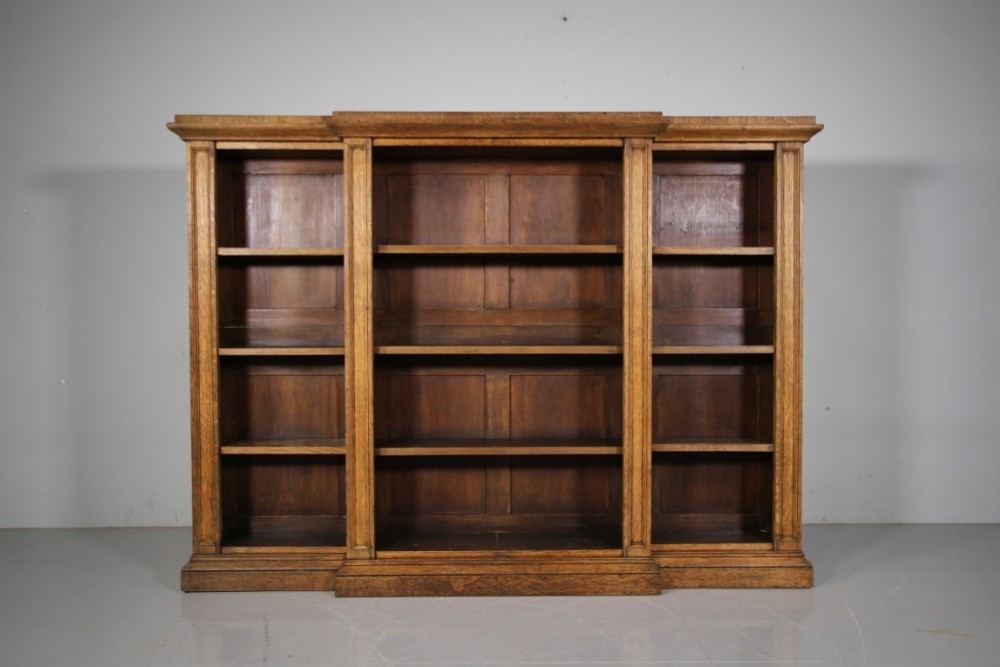 Large English Antique Breakfronted Oak Open Bookcase