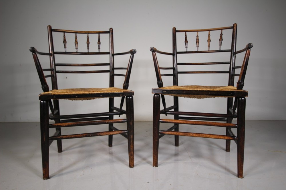 A Rare True Pair 19th Century Antique Sussex Chairs by William Morris