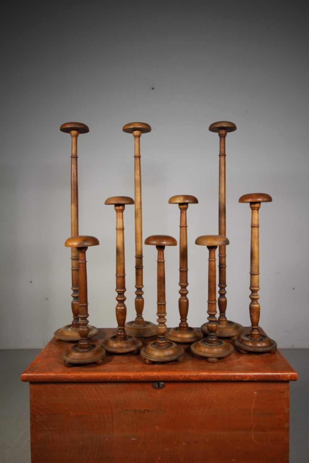 Collection Of Nine Tall 19th Century Antique Fruit Wood Display Stands 
