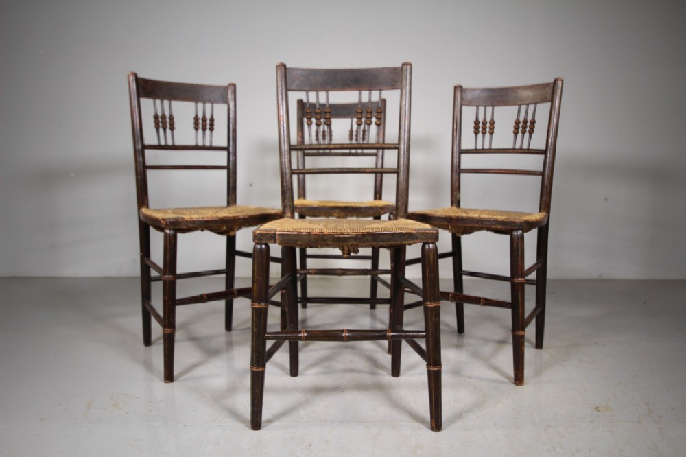 Set of Four Regency Antique Faux Bamboo Chairs in Original Paint