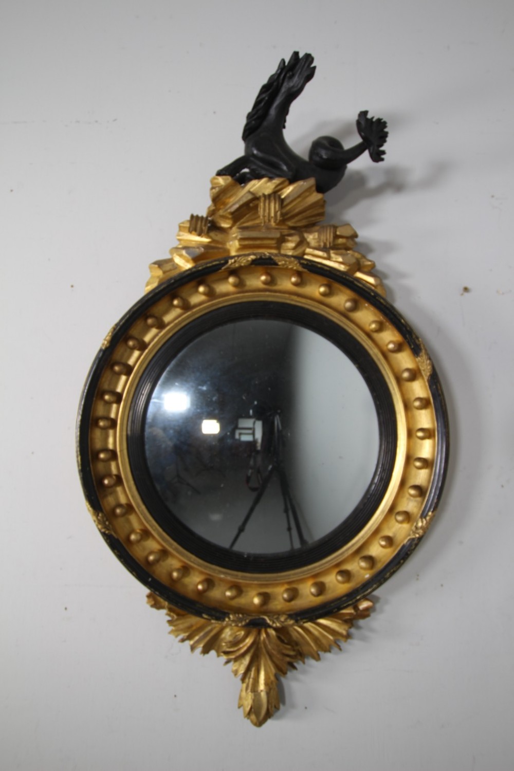 Large Regency Antique Gilt Convex Mirror with Hippocampus
