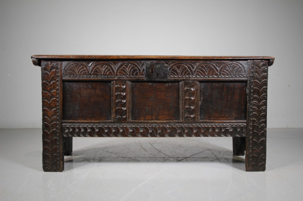 Early 17th Century Antique Period Oak Coffer with Original Carvings