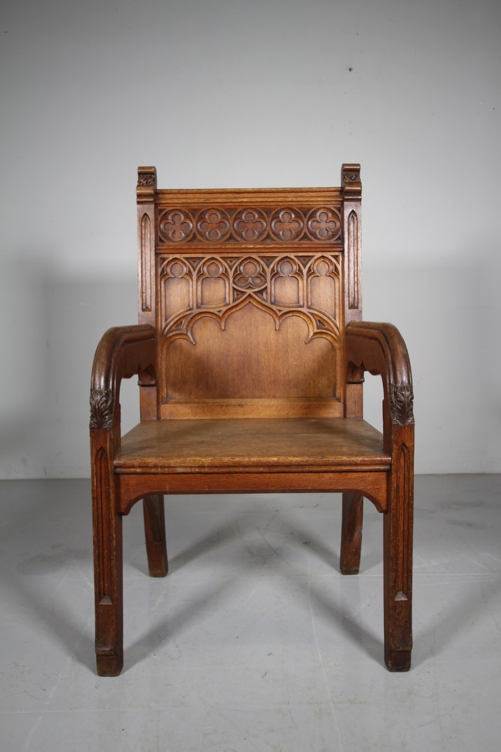 English 19th Century Antique Gothic Oak Armchair 
