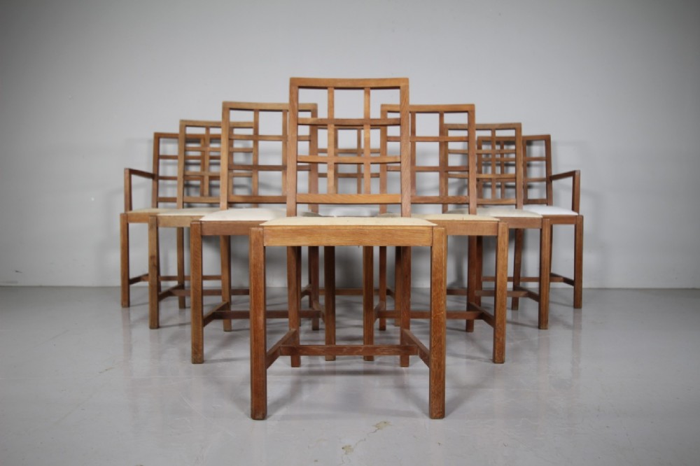 Long Set of Eight Heals 1920’s Oak Dining Chairs – Lattice Back