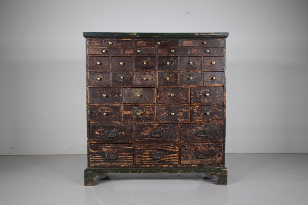 Wonderful Original Painted Pine Antique Apothecary Bank of Drawers 