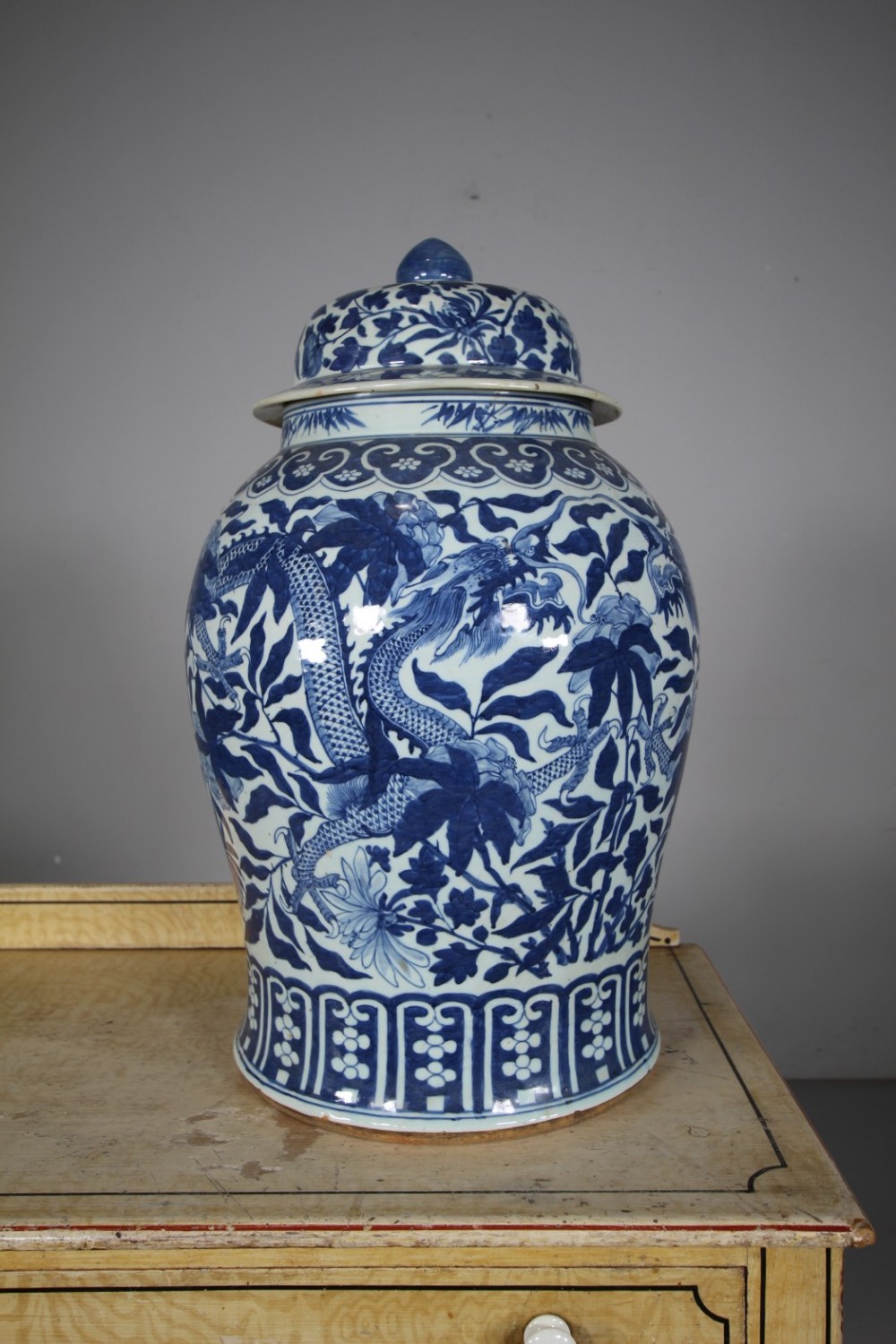 Huge 19th Century Antique Chinese Blue & White Temple Jar & Lid