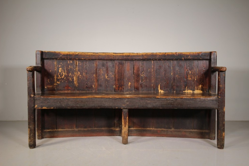 Original Painted Pine Georgian Antique Settle – Carved Witch Motif