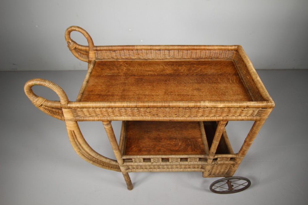 Amazing Very Rare 1920's Dryad Woven Wicker Drinks Trolley View VI