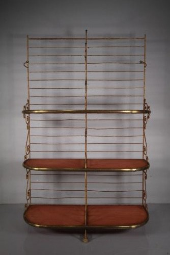 A tall 19th-century French bakers rack constructed from wrought iron with brass-rimmed shelves and scrollwork details. View III