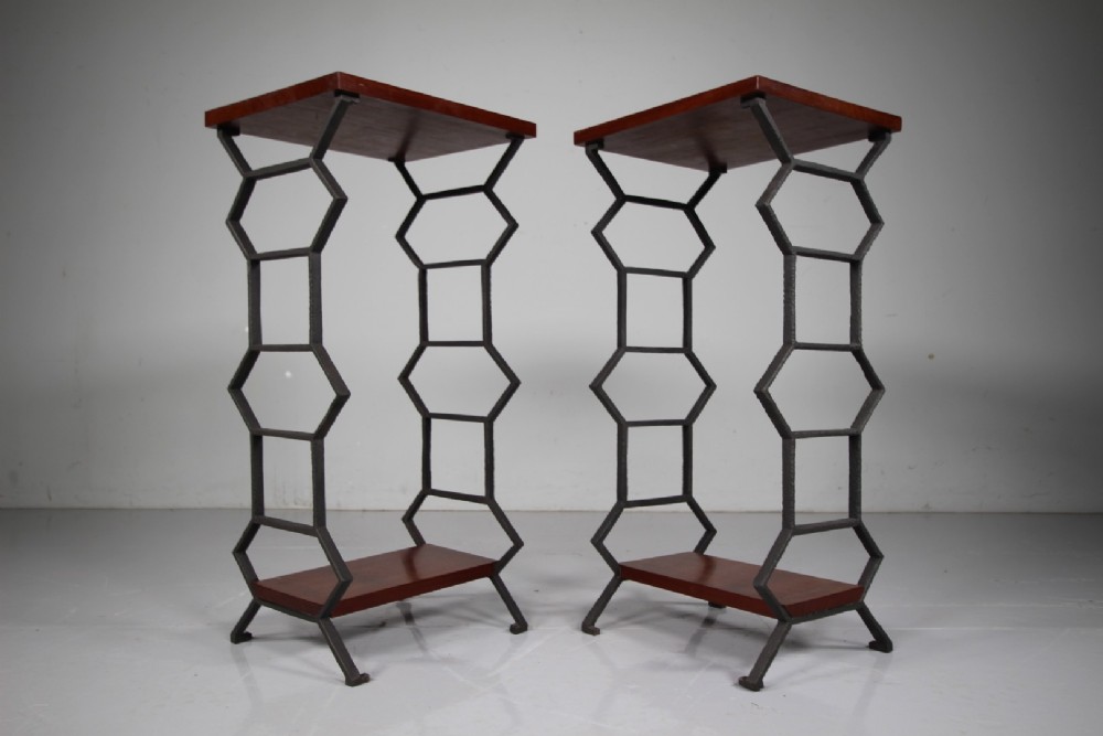 Pair of Antique Iron & Mahogany Bedside Tables