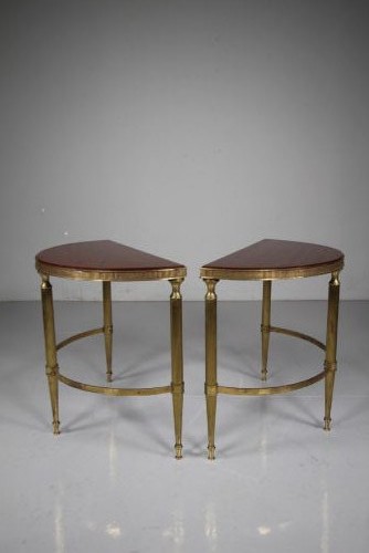 A pair of 1930s semi-circular brass side tables featuring fluted tapering legs, curved stretchers, and reeded edge aprons. View II