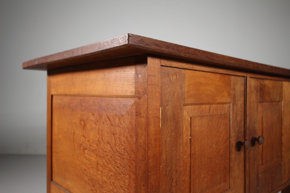 A solid oak two-door cupboard featuring recessed square door panels, carved wooden handles, and four square straight legs. View VII
