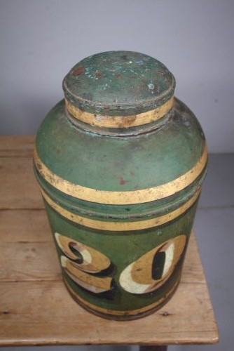 A large cylindrical nineteenth-century green painted toleware tea tin featuring decorative gold bands around the shoulder and lid. View III