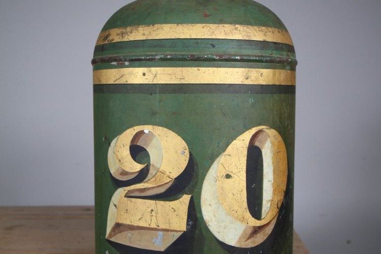 A large cylindrical nineteenth-century green painted toleware tea tin featuring decorative gold bands around the shoulder and lid. View IV