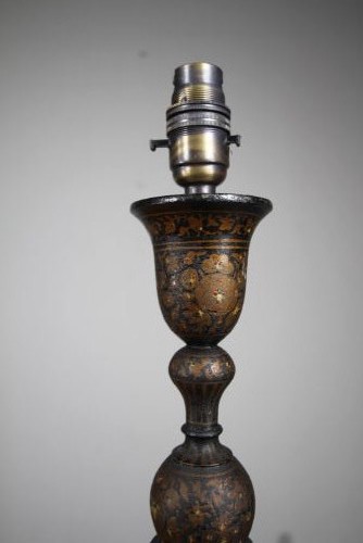 A 1920s Kashmiri carved wooden table lamp base featuring an open spiral twist column with gold foliate lacquered details on a dark circular plinth. View III