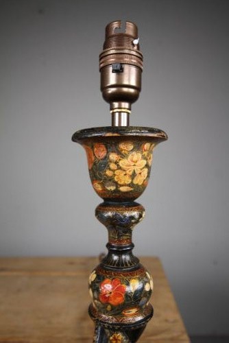 An antique Kashmiri table lamp base featuring polychrome hand-painted floral motifs on a dark lacquered ground with an open twist column and brass fitting. View II