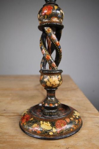 An antique Kashmiri table lamp base featuring polychrome hand-painted floral motifs on a dark lacquered ground with an open twist column and brass fitting. View IV