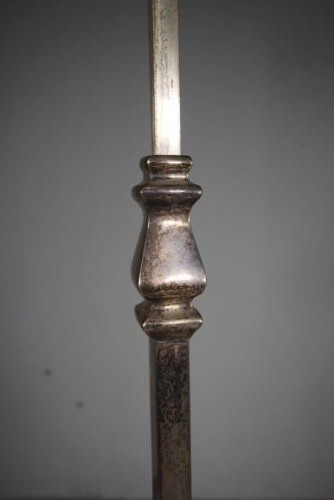 An antique Edwardian silver-plated standard lamp featuring an adjustable telescopic stem and a tripod base with a central spherical ornament. View II