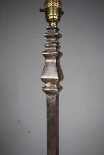 An antique Edwardian silver-plated standard lamp featuring an adjustable telescopic stem and a tripod base with a central spherical ornament. View III