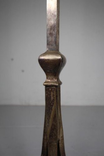 An antique Edwardian silver-plated standard lamp featuring an adjustable telescopic stem and a tripod base with a central spherical ornament. View V