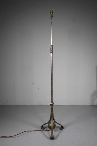 An antique Edwardian silver-plated standard lamp featuring an adjustable telescopic stem and a tripod base with a central spherical ornament. View VII