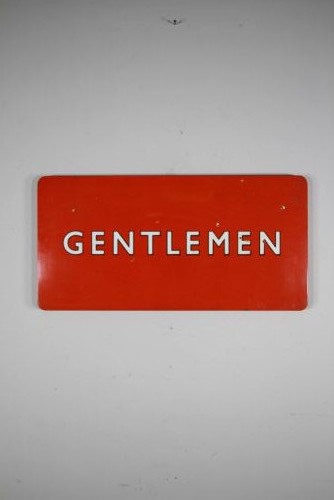 A rectangular red vitreous enamel railway sign featuring the word GENTLEMEN in bold white capital letters with black outlines. View II